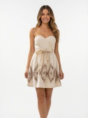 Moulinette Soeurs Cream Strapless Mini Dress with Gold Belt and Brown Ikat Print